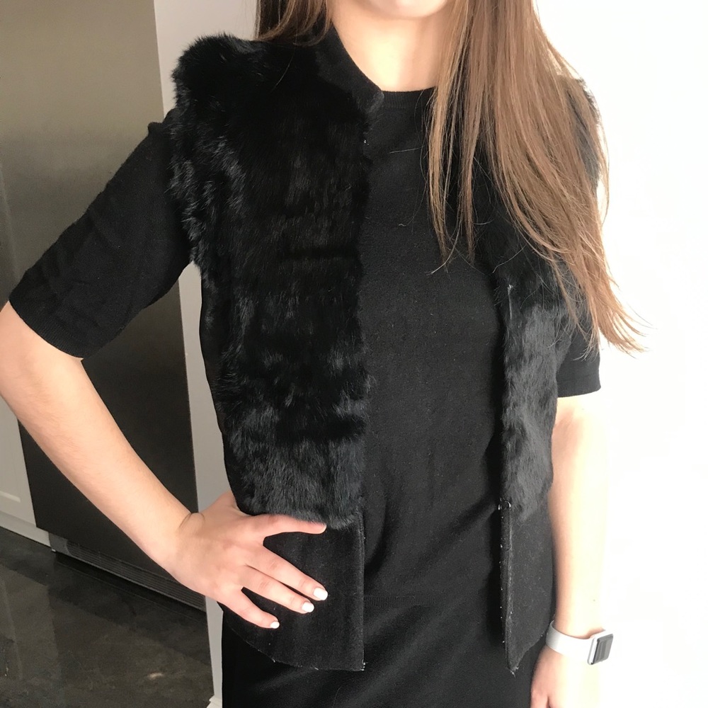 Rabbit fur vest with vegan leather detail